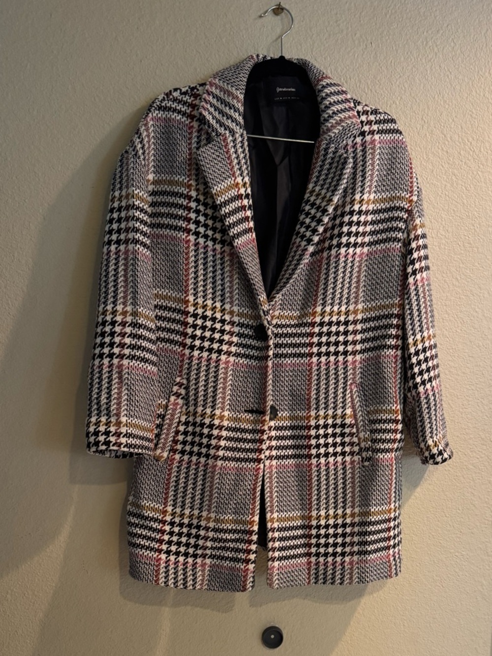 stradivarius Plaid Single-Breasted Pea Coat in Gray, Pink & Black